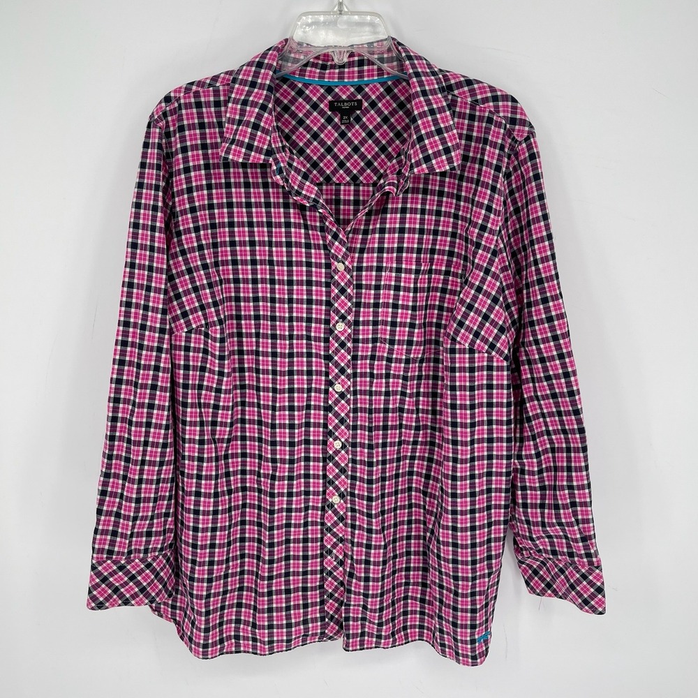 Talbots Women's Pink Plaid Long Sleeve Pocket Button Front Shirt Plus Size 2X
